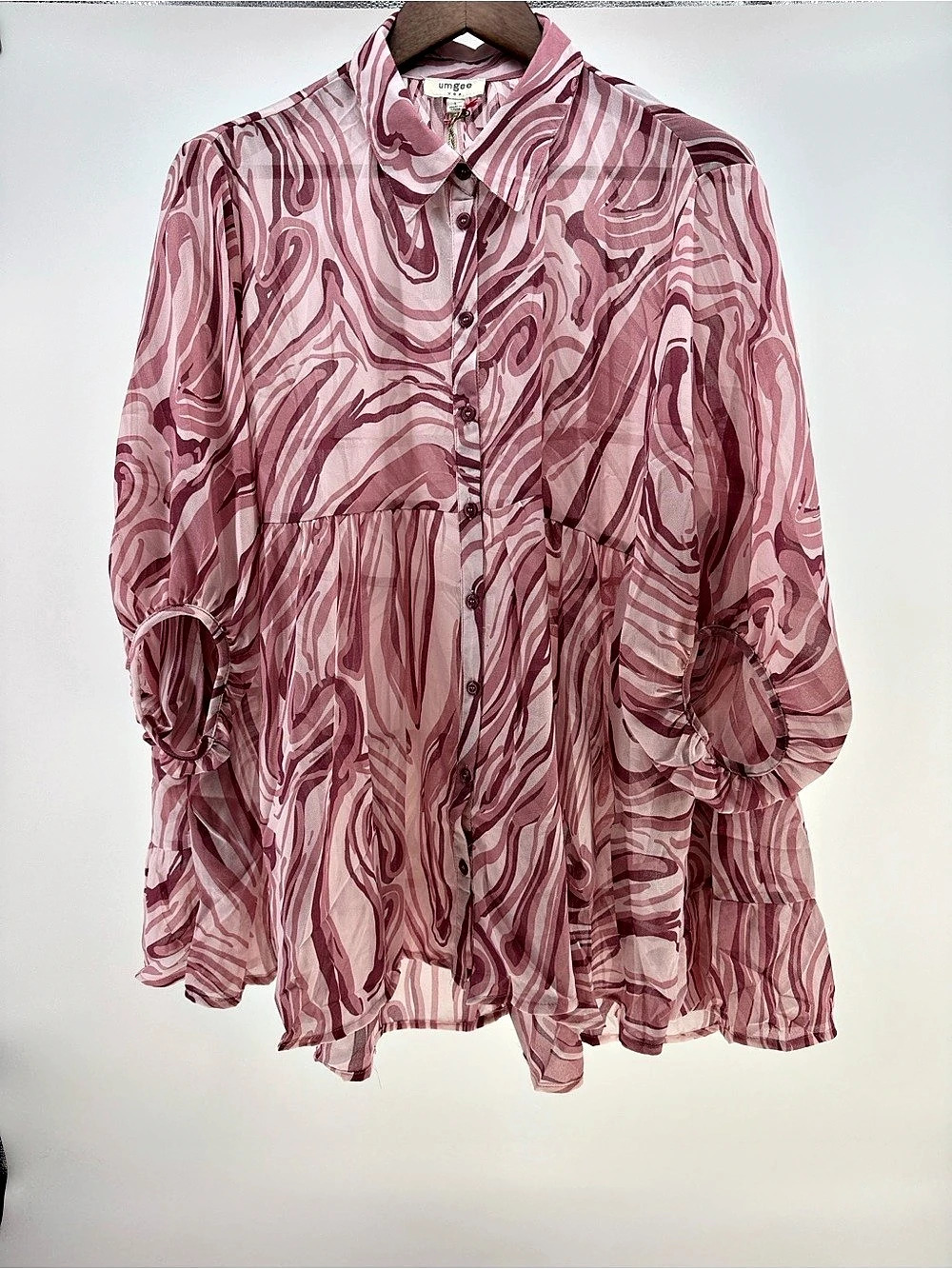 Umgee Oversized Marbled Print Blouse in Dusty Rose & Burgundy NWT